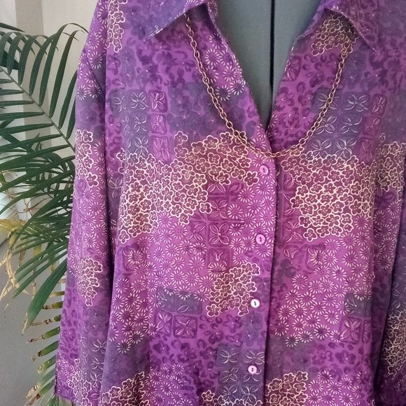 Joanna Plus Purple Print Button Down Blouse - Picture 3 of 11